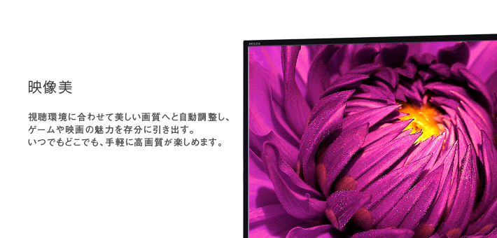 映像美 -- 視聴環境に合わせて美しい画質へと自動調整し、ゲームや映画の魅力を存分に引き出す。いつでもどこでも、手軽に高画質が楽しめます。