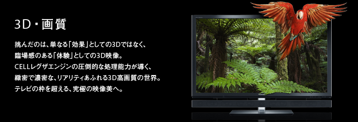 挑んだのは、単なる「効果」としての3Dではなく、臨場感のある「体験」としての3D映像。CELLレグザエンジンの圧倒的な処理能力が導く、緻密で濃密な、リアリティあふれる3D高画質の世界。テレビの枠を超える、究極の映像美へ。