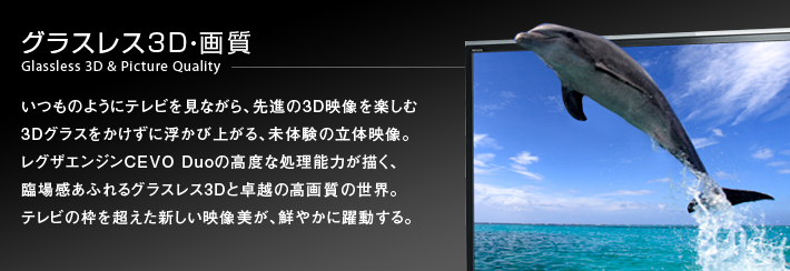 グラスレス3D・画質 Glassless 3D & Picture Quality  -- いつものようにテレビを見ながら、先進の3D映像を楽しむ3Dグラスをかけずに浮かび上がる、未体験の立体映像。レグザエンジンCEVO Duoの高度な処理能力が描く、臨場感あふれるグラスレス3Dと卓越の高画質の世界。テレビの枠を超えた新しい映像美が、鮮やかに躍動する。