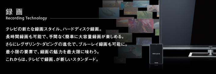 録画 Recording Technology -- テレビの新たな録画スタイル、ハードディスク録画。長時間録画も可能で、手間なく簡単に大容量録画が楽しめる。さらにレグザリンク・ダビングの進化で、ブルーレイ録画も可能に。最小限の要素で、録画の魅力を最大限に味わう。これからは、テレビで録画、が新しいスタンダード。