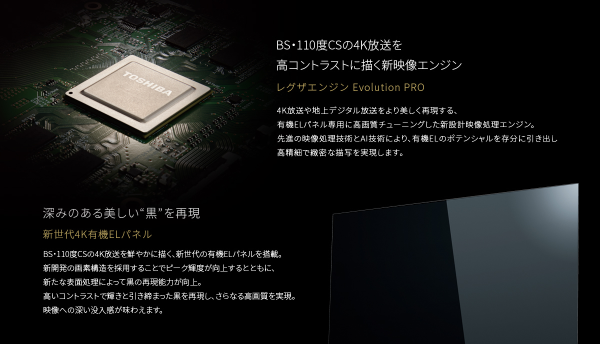BS・110度CSの4K放送を高コントラストに描く新映像エンジン レグザエンジン Evolution PRO 4K放送や地上デジタル放送をより美しく再現する、有機ELパネル専用に高画質チューニングした新設計映像処理エンジン。先進の映像処理技術とAI技術により、有機ELのポテンシャルを存分に引き出し高精細で緻密な描写を実現します。深みのある美しい&ldquo;黒&rdquo;を再現 新世代4K有機ELパネル BS・110度CSの4K放送を鮮やかに描く、新世代の有機ELパネルを搭載。新開発の画素構造を採用することでピーク輝度が向上するとともに、新たな表面処理によって黒の再現能力が向上。高いコントラストで輝きと引き締まった黒を再現し、さらなる高画質を実現。映像への深い没入感が味わえます。