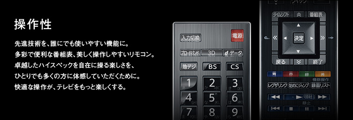 操作性｜先進技術を、誰にでも使いやすい機能に。多彩で便利な番組表、美しく操作しやすいリモコン。卓越したハイスペックを自在に操る楽しさを、ひとりでも多くの方に体感していただくために。快適な操作が、テレビをもっと楽しくする。