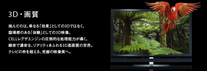 3D・画質 |挑んだのは、単なる「効果」としての3Dではなく、臨場感のある「体験」としての3D映像。CELLレグザエンジンの圧倒的な処理能力が導く、緻密で濃密な、リアリティあふれる3D高画質の世界。テレビの枠を超える、究極の映像美へ。