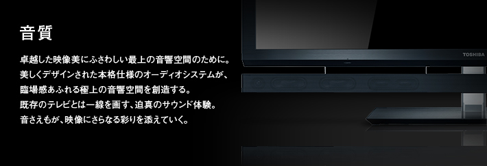 音質｜卓越した映像美にふさわしい最上の音響空間のために。美しくデザインされた本格仕様のオーディオシステムが、臨場感あふれる極上の音響空間を創造する。既存のテレビとは一線を画す、迫真のサウンド体験。音さえもが、映像にさらなる彩りを添えていく。