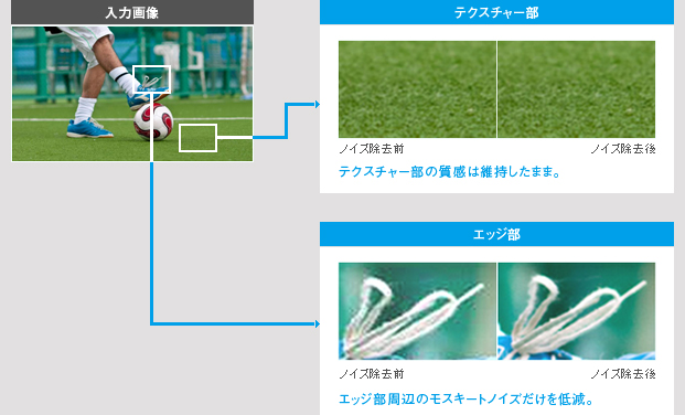 図:映像をブロックごとに検出してノイズを効果的に抑制した例