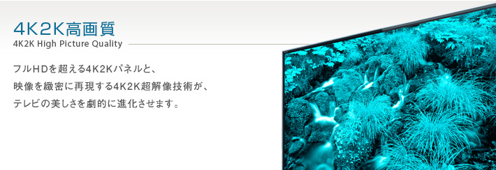 4K2K高画質 4K2K High Picture Quality -- フルHDを超える4K2Kパネルと、映像を緻密に再現する4K2K超解像技術が、テレビの美しさを劇的に進化させます。