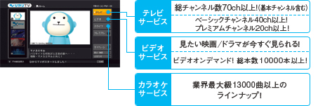 テレビサービス:総チャンネル数70ch以上!(基本チャンネル含む) ベーシックチャンネル40ch以上! プレミアムチャンネル20ch以上!　ビデオサービス:見たい映画/ドラマが今すぐ見られる! ビデオオンデマンド!総本数10000本以上!　カラオケサービス:業界最大級13000曲以上のラインナップ!