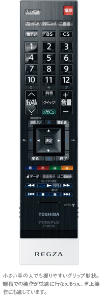 「レグザリモコンⅡ」イメージ - 小さい手の人でも握りやすいグリップ形状。親指での操作が快適に行なえるうえ、卓上操作にも適しています。
