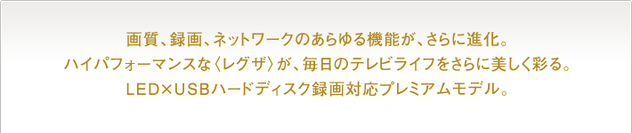 画質、録画、ネットワークのあらゆる機能が、さらに進化。ハイパフォーマンスな〈レグザ〉が、毎日のテレビライフをさらに美しく彩る。LED×USBハードディスク録画対応プレミアムモデル