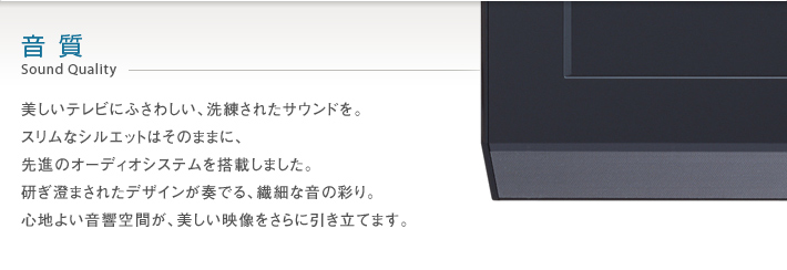 音質 Sound Quality -- 美しいテレビにふさわしい、洗練されたサウンドを。スリムなシルエットはそのままに、先進のオーディオシステムを搭載しました。研ぎ澄まされたデザインが奏でる、繊細な音の彩り。心地よい音響空間が、美しい映像をさらに引き立てます。
