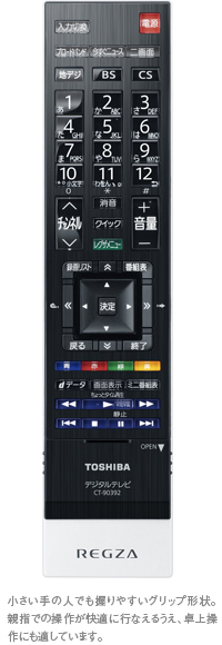 「レグザリモコンⅡ」イメージ - 小さい手の人でも握りやすいグリップ形状。親指での操作が快適に行なえるうえ、卓上操作にも適しています。