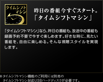 昨日の番組今すぐスタート。「タイムシフトマシン」｜「タイムシフトマシン」なら、昨日の番組も、放送中の番組も録画予約不要で今すぐ楽しめます。好きな時に、見たい番組を、自由に楽しめる。そんな視聴スタイルを実現します。