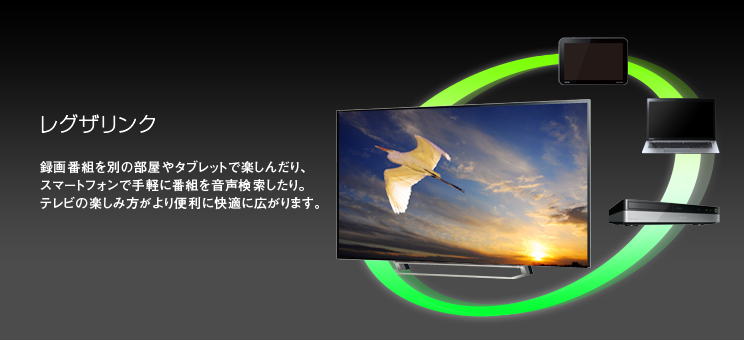 レグザリンク 録画番組を別の部屋やタブレットで楽しんだり、スマートフォンで手軽に番組を音声検索したり。テレビの楽しみ方がより便利に快適に広がります。