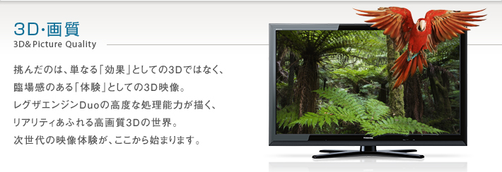 3D・画質 3D & Picture Quality -- 挑んだのは、単なる「効果」としての3Dではなく、臨場感のある「体験」としての3D映像。レグザエンジンDuoの高度な処理能力が描く、リアリティあふれる高画質3Dの世界。次世代の映像体験が、ここから始まります。