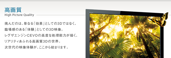 高画質 High Picture Quality -- 挑んだのは、単なる「効果」としての3Dではなく、臨場感のある「体験」としての3D映像。レグザエンジンCEVOの高度な処理能力が描く、リアリティあふれる高画質3Dの世界。次世代の映像体験が、ここから始まります。