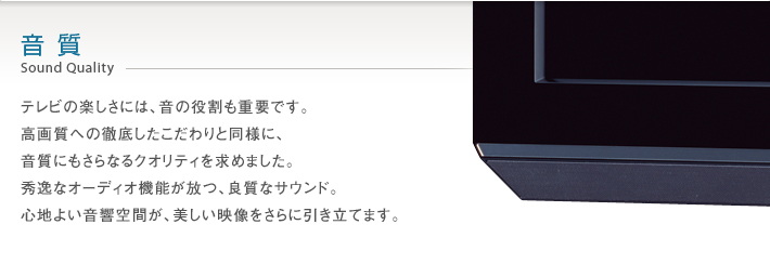 音質 Sound Quality -- テレビの楽しさには、音の役割も重要です。高画質への徹底したこだわりと同様に、音質にもさらなるクオリティを求めました。

秀逸なオーディオ機能が放つ、良質なサウンド。心地よい音響空間が、美しい

映像をさらに引き立てます。