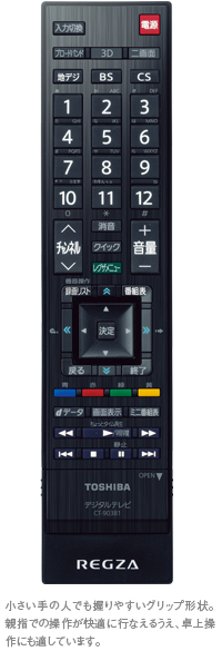 「レグザリモコンⅡ」イメージ - 小さい手の人でも握りやすいグリップ形状。親指での操作が快適に行なえるうえ、卓上操作にも適しています。