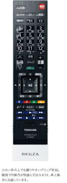 「レグザリモコンⅡ」イメージ - 小さい手の人でも握りやすいグリップ形状。親指での操作が快適に行なえるうえ、卓上操作にも適しています。