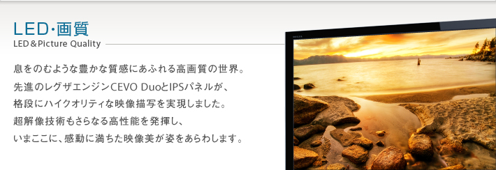 息をのむような豊かな質感にあふれる高画質の世界。先進のレグザエンジンCEVO DuoとIPSパネルが、格段にハイクオリティな映像描写を実現しました。超解像技術もさらなる高性能を発揮し、いまここに、感動に満ちた映像美が姿をあらわします。