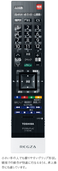 「レグザリモコンⅡ」イメージ - 小さい手の人でも握りやすいグリップ形状。親指での操作が快適に行なえるうえ、卓上操作にも適しています。