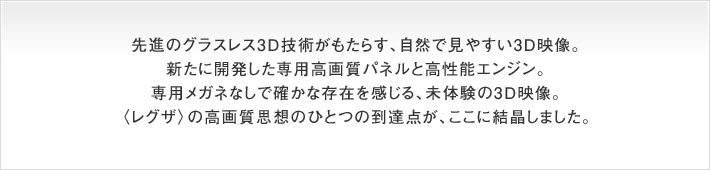 先進のグラスレス3D技術がもたらす、自然で見やすい3D映像。新たに開発した専用高画質パネルと高性能エンジン。専用メガネなしで確かな存在を感じる、未体験の3D映像。〈レグザ〉の高画質思想のひとつの到達点が、ここに結晶しました。