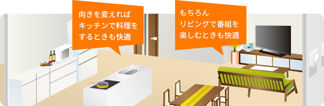 向きを変えればキッチンで料理をするときも快適 もちろんリビングで番組を楽しむときも快適